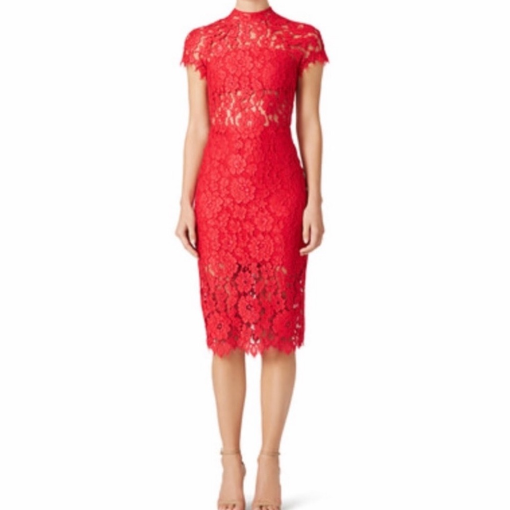 Alexis Leona red lace illusion midi dress